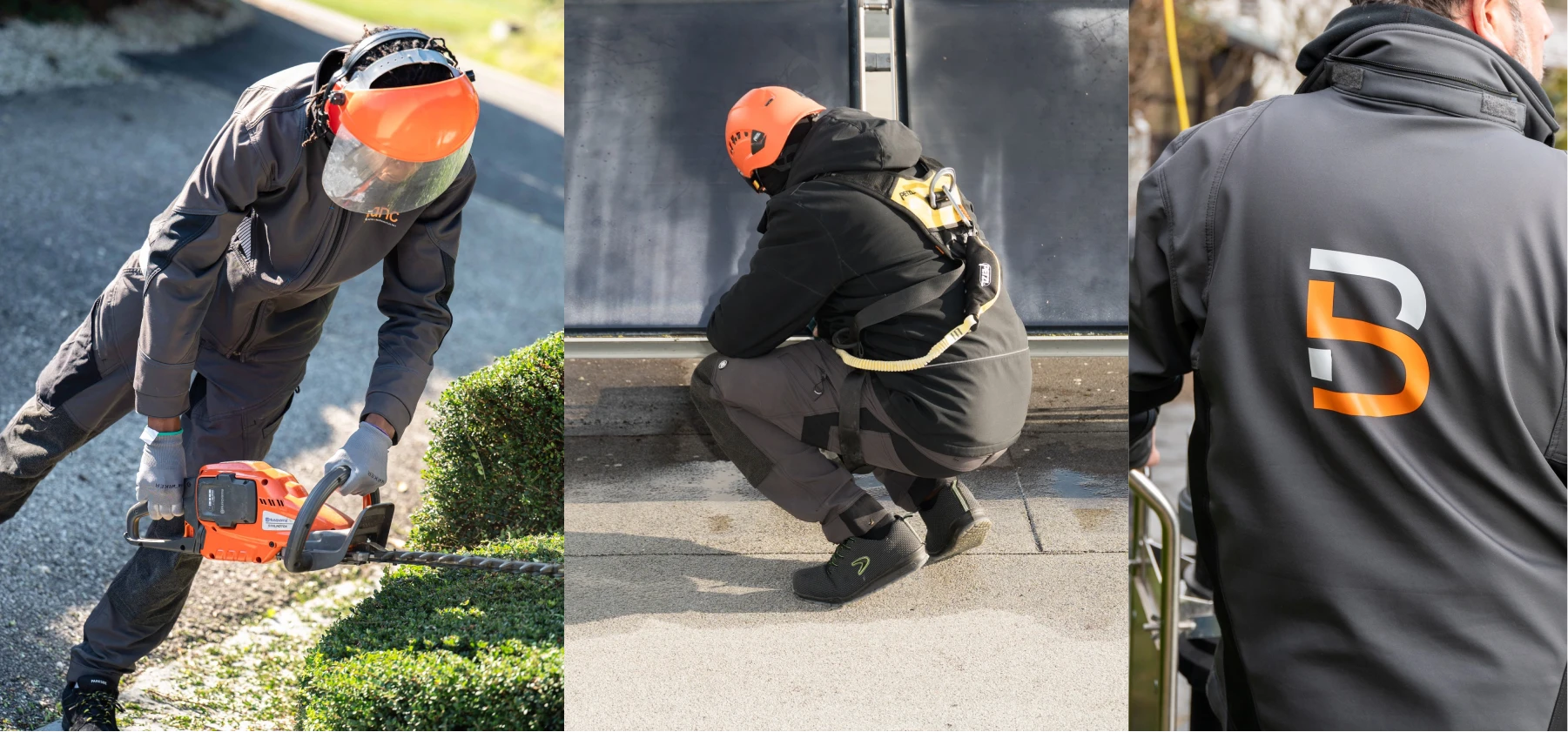 Agents Blanc SA au travail : taille de haie avec équipement de protection, inspection en hauteur avec harnais, et agent en uniforme