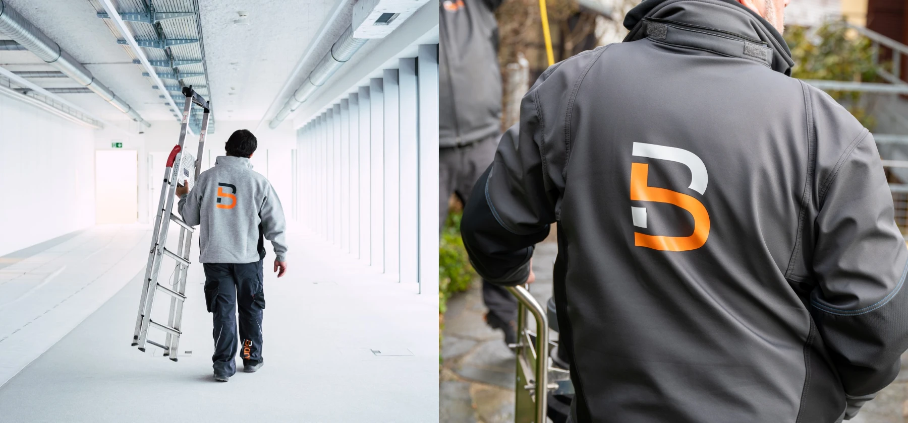 Agents Blanc SA en uniforme portant une échelle dans un couloir et montant des escaliers extérieurs