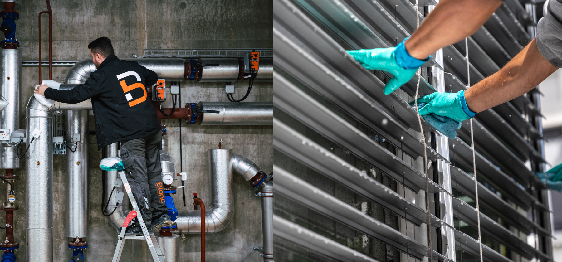 gents de nettoyage Blanc SA effectuant l'entretien de canalisations industrielles et le nettoyage de stores métalliques