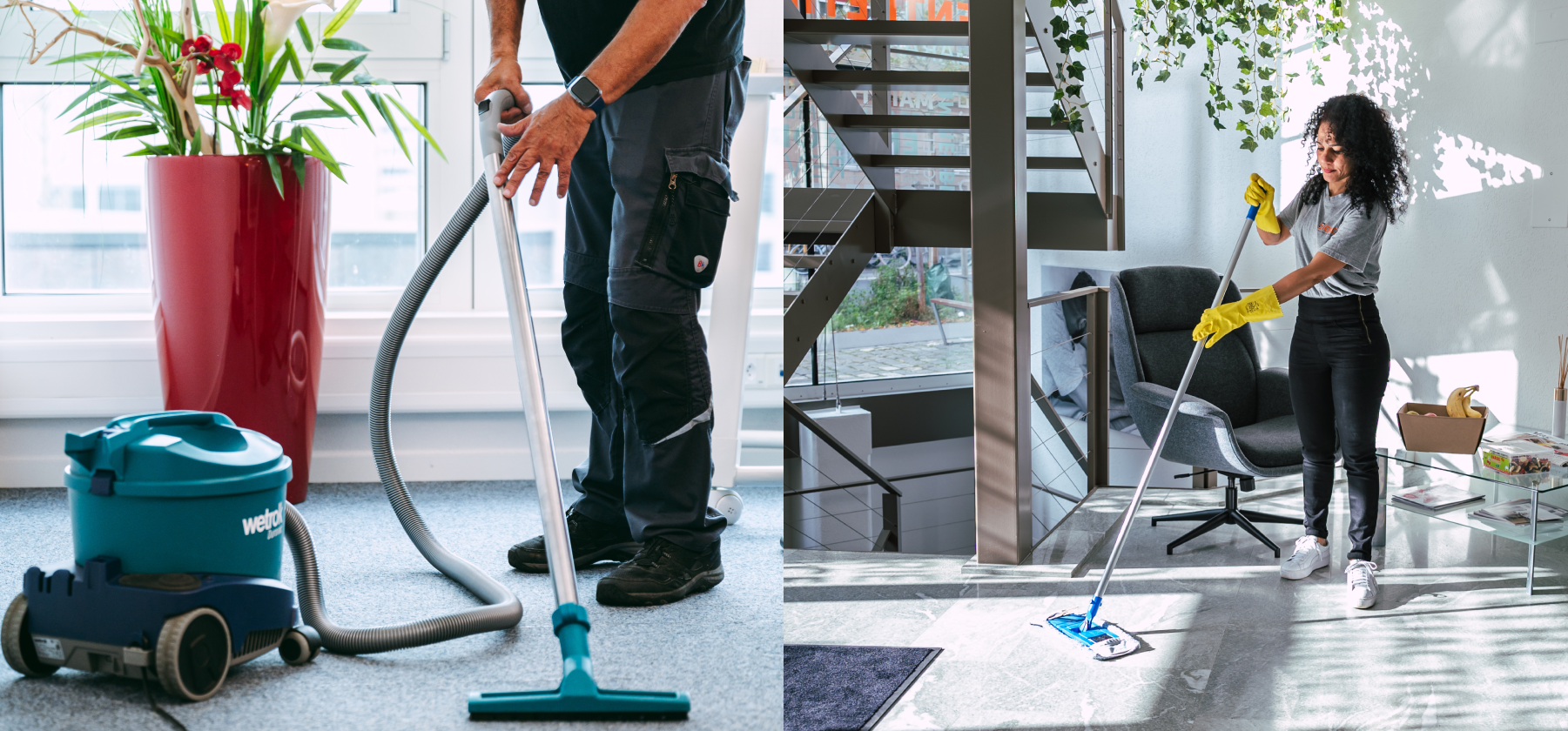 Agents de nettoyage au travail : aspiration de moquette et lavage de sol dans des bureaux